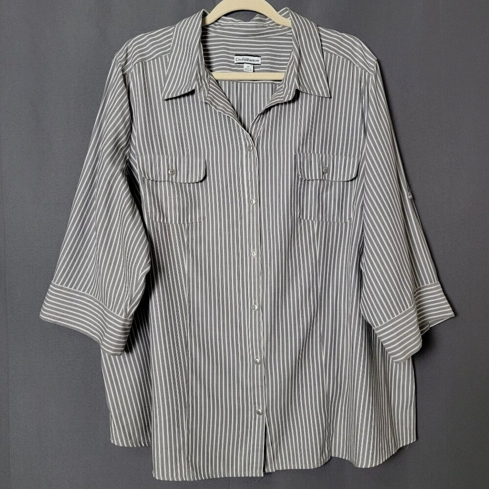 Croft & Barrow Womens Gray Pinstriped Career Roll Tab Sleeve Button Up Top 2X